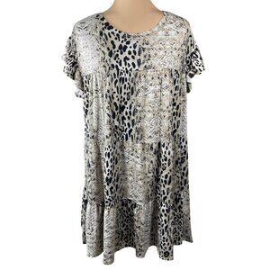 Entro Tiered Tunic Dress Animal Print Black Brown M Medium Short Sleeve